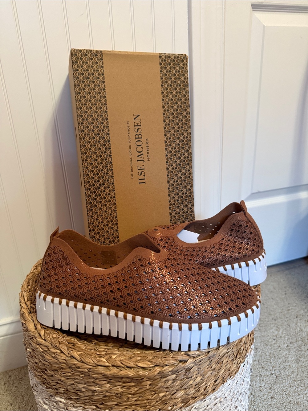 Ilse Jacobsen Nougat Perforated Slip-On Moccasins
